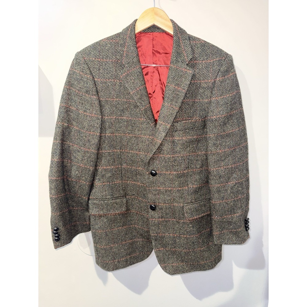 FOXFORD Men'sIRISH TWEED Sport Coat Red Green Herringbone Leather Buttons 40 S‎